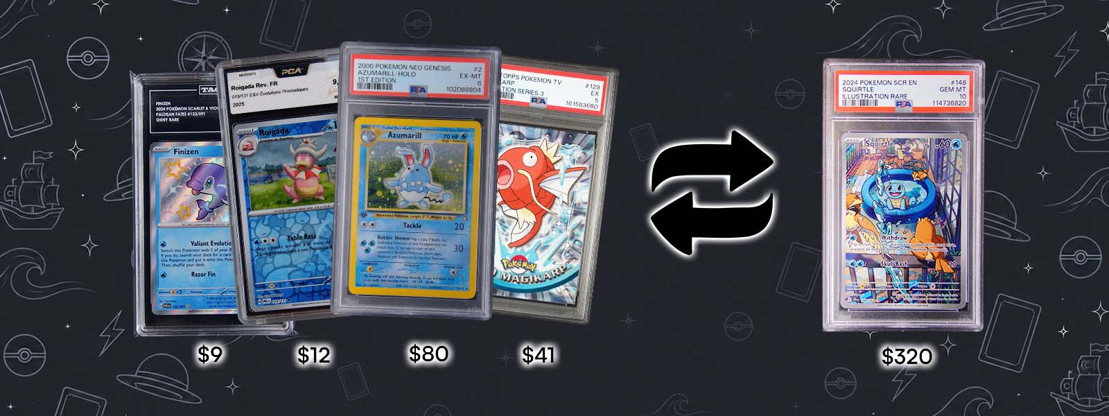 Challenge: trade in any four water-type Pokémon slabs (shown at $9, $12, $80 and $41) to win the reward - a graded Squirtle illustration-rare slab worth $320.